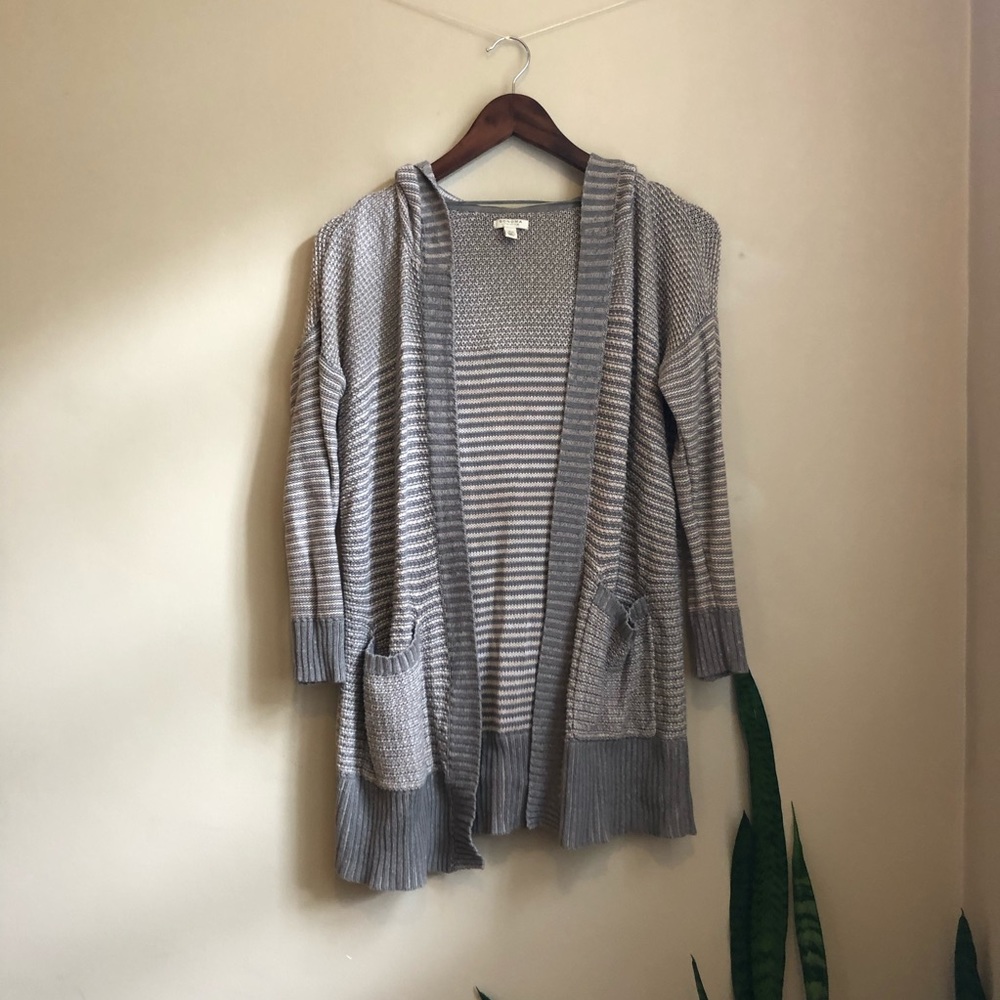 Hooded Gray Cardigan Sweater with Pockets